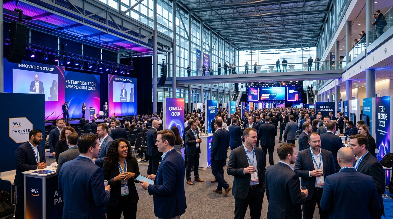 Crowd of attendees networking at a Dreamforce technology conference