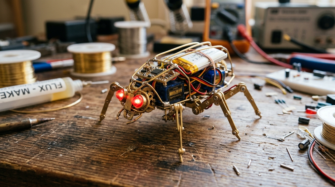 Participants assembling electronic insect robots and wooden lamps during the DIYDA workshop at DingFabrik Cologne