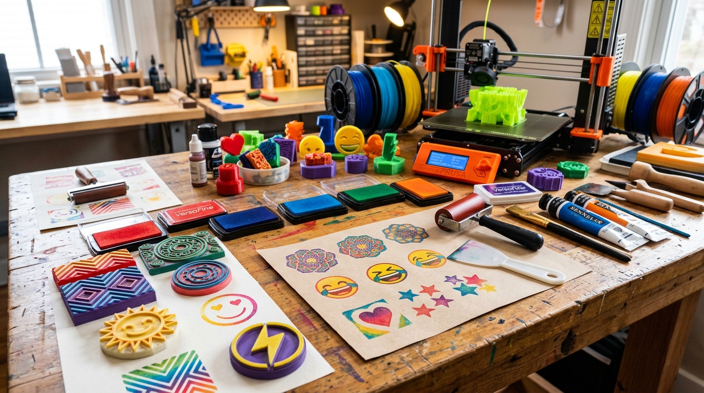 A collection of handmade stamps created during the DIYDA workshop at DingFabrik
