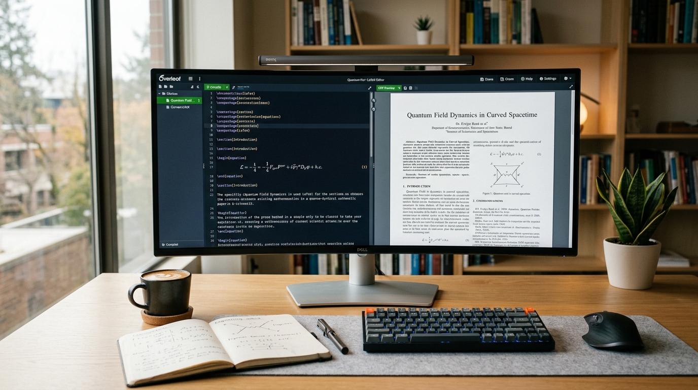 Split screen cloud LaTeX editor displaying code and rendered PDF scientific paper
